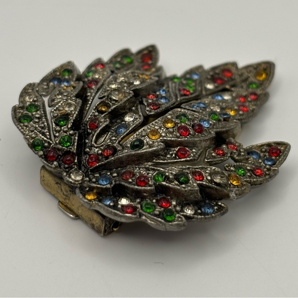 Vtg 1940s Retro Brooch Fur Clip Multi-Colour Rhinestone Leaf Spray - Picture 4 of 14